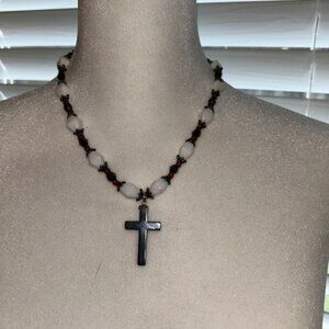Cross Necklace 16" Custom Gray, Red and White Bead Hematite